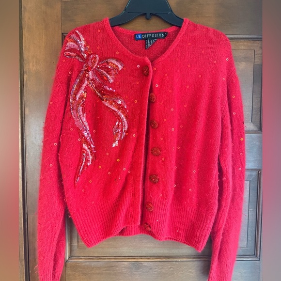 Vintage IB DIFFUSION Red Cardigan Sweater with Sequin Bow - Picture 1 of 6